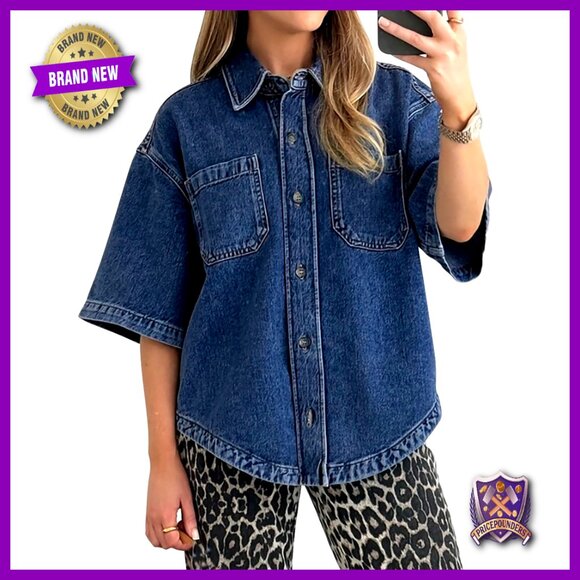 Denim Button Down Shirt Casual Oversized V-Hem Top Trendy Chic Layering